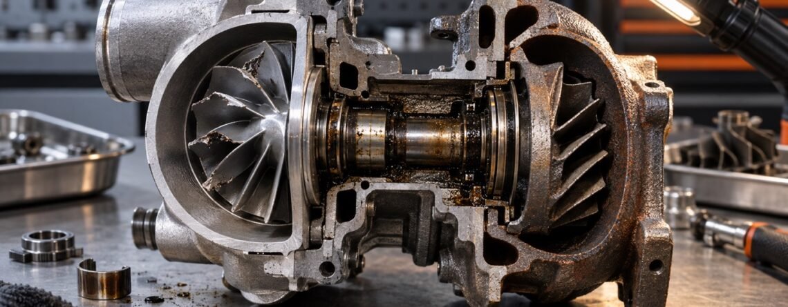 Cutaway turbocharger being inspected for oil contamination and damaged components