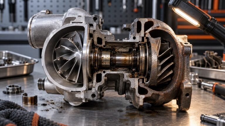 Cutaway turbocharger being inspected for oil contamination and damaged components