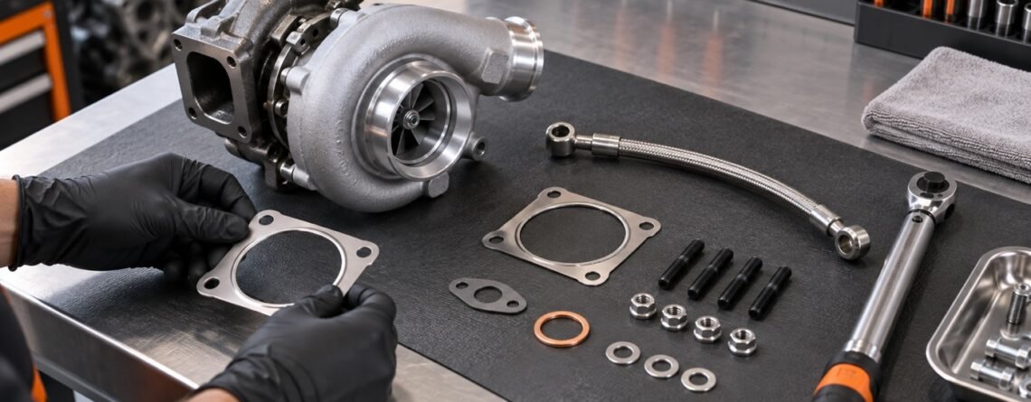 Turbocharger, gaskets, oil line and installation tools prepared on a clean workbench