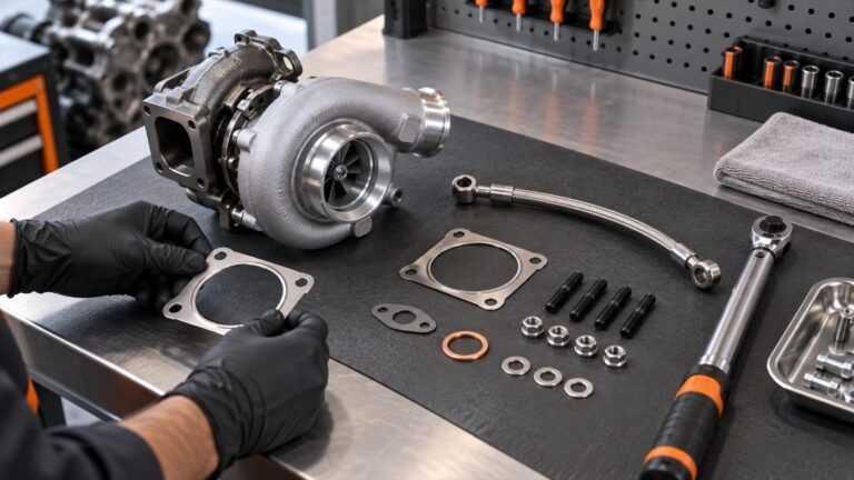 Turbocharger, gaskets, oil line and installation tools prepared on a clean workbench