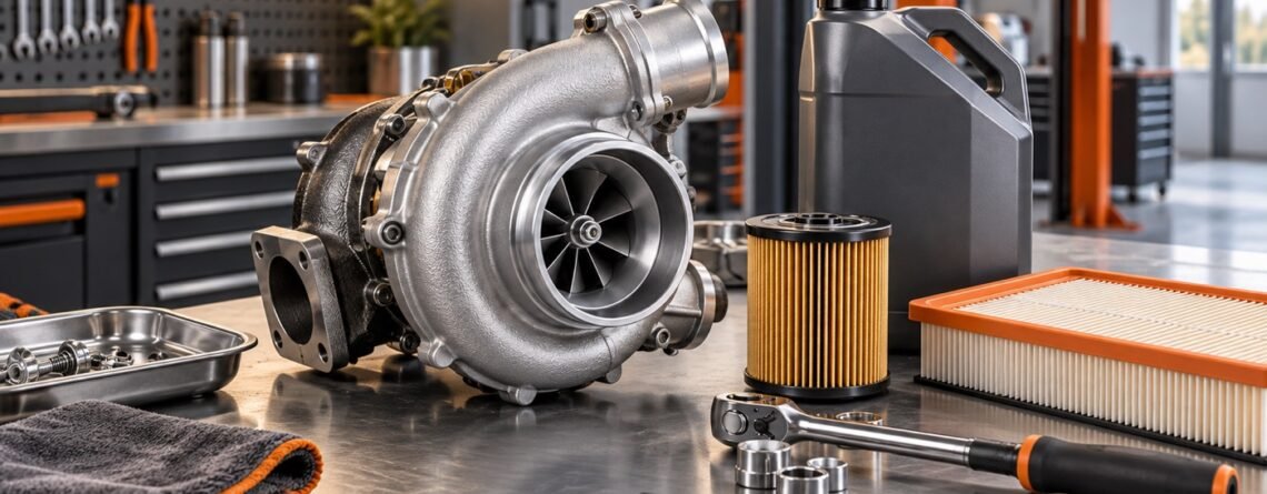 Turbocharger displayed with engine oil, oil filter and air filter for preventive maintenance