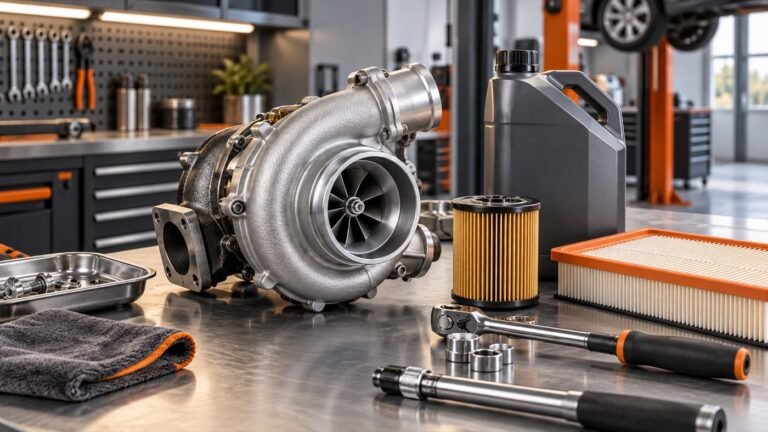 Turbocharger displayed with engine oil, oil filter and air filter for preventive maintenance