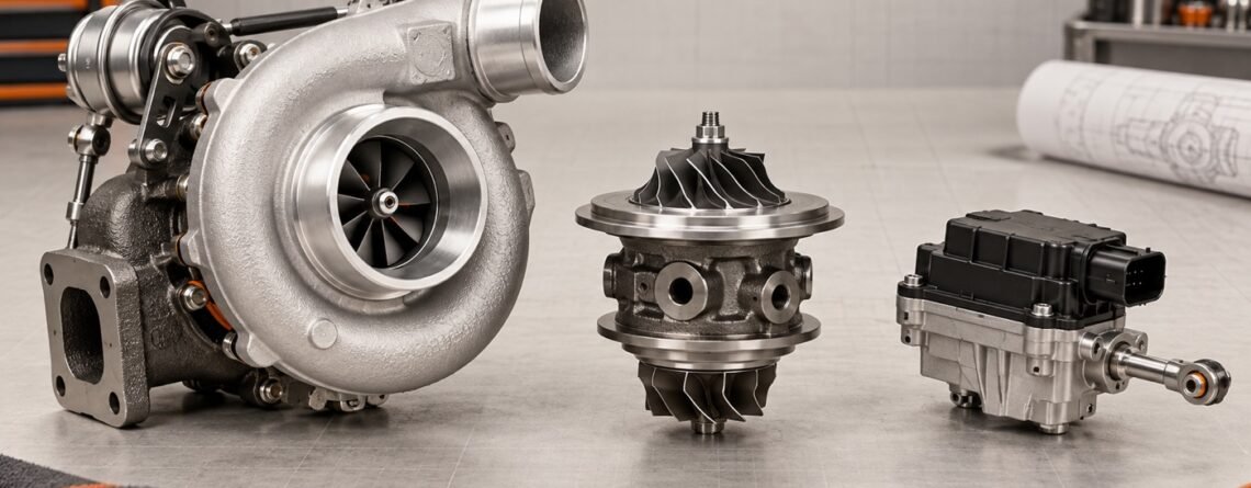 Complete turbocharger, CHRA cartridge and electronic actuator arranged for comparison