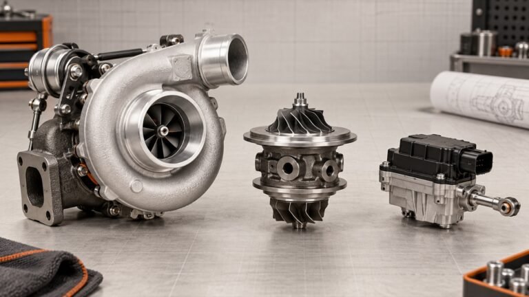 Complete turbocharger, CHRA cartridge and electronic actuator arranged for comparison