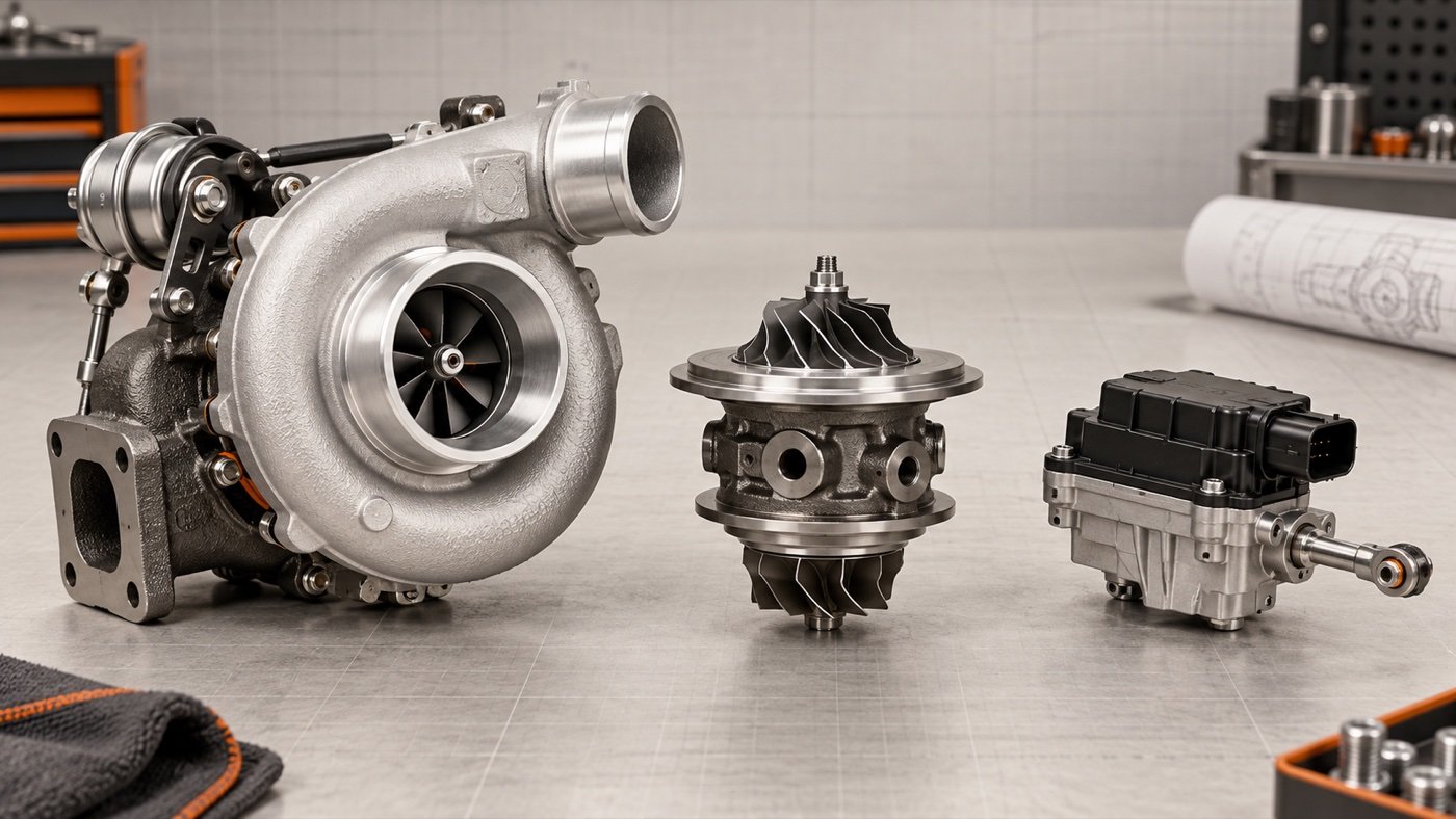 Complete turbocharger, CHRA cartridge and electronic actuator arranged for comparison